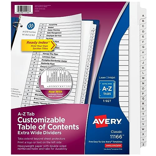Avery A-Z extrabreite 3-Ringbuch-Trennblätter, anpassbares Inhaltsverzeichnis, mehrfarbige Register, 1 Set (11166), Schwarz und Weiß von Avery
