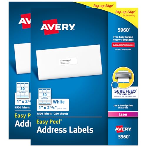 Avery Adress-Etiketten, Laserdrucker, 15.000 Etiketten, 1 x 2-5/8, permanent klebend, leicht abziehbar (2 Packungen 5960) von Avery