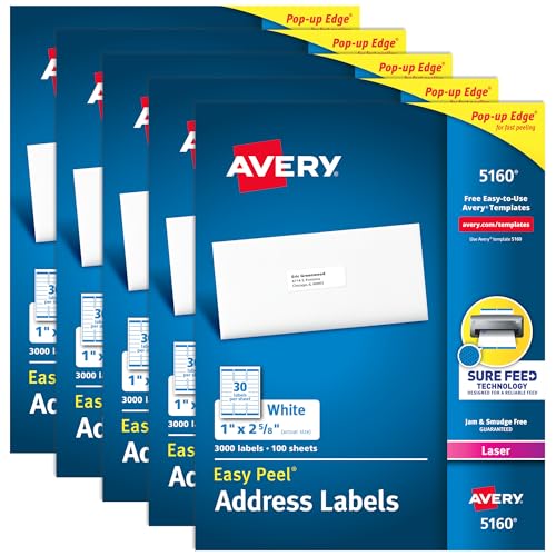Avery Adress-Etiketten mit sicherem Zufuhr für Laserdrucker, 1 Zoll x 2-5/8 Zoll, 15.000 Etiketten – ideal für FBA Etiketten (5 Packungen 5160) von Avery