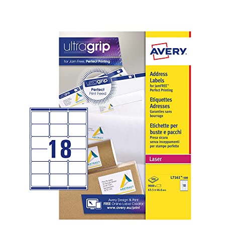 Avery Adressetiketten für Laserdrucker, ohne Papierstau, 18 pro Bogen 63,5x46,6mm weiß (9000 Etiketten) von Avery