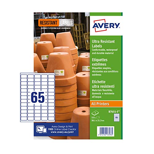 Avery B7651-5 Etiketten, besonders widerstandsfähig, A4, 38 x 21 mm, 325 Etiketten, Weiß von Avery