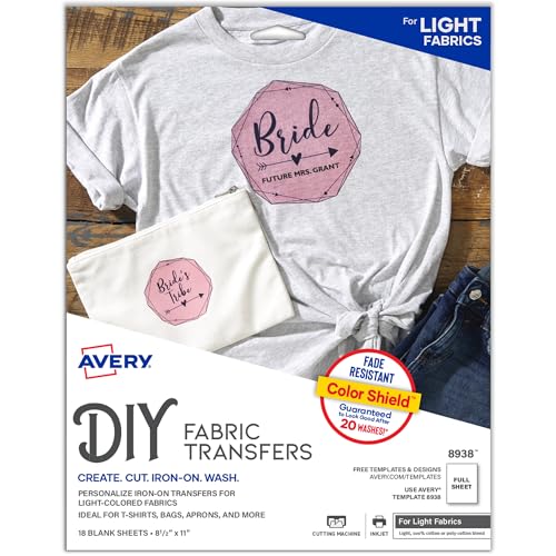 Avery Bedruckbares Wärmetransferpapier für helle Stoffe, 21,6 x 27,9 cm, kompatibel mit Tintenstrahldruckern, 18 Blatt Transferpapier zum Aufbügeln, ideal für individuelle Hemden, Uniformen, Geschenke Avery Bedruckbares Wärmetransferpapier für helle Stoffe, 21,6 x 27,9 cm, kompatibel mit Tintenstrahldruckern, 18 Blatt Transferpapier zum Aufbügeln, ideal für individuelle Hemden, Uniformen, Geschenke von Avery