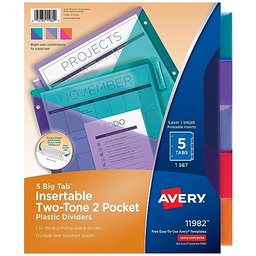 Avery Big Tab einführbare Kunststoff-Trennblätter für 3-Ringordner, 5 Registerkarten, zweifarbig, funktioniert mit Blattschutzhüllen, 1 Ordner-Trenner-Set (11982) von Avery