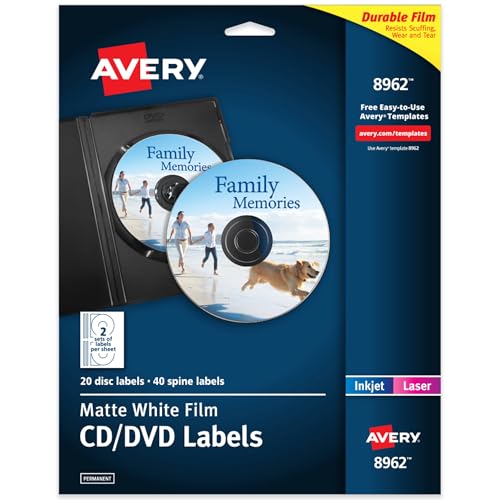 Avery DVD Etiketten weiß matt für Tintenstrahldrucker (8962), 30,5 x 23,5 x 0,5 cm von Avery
