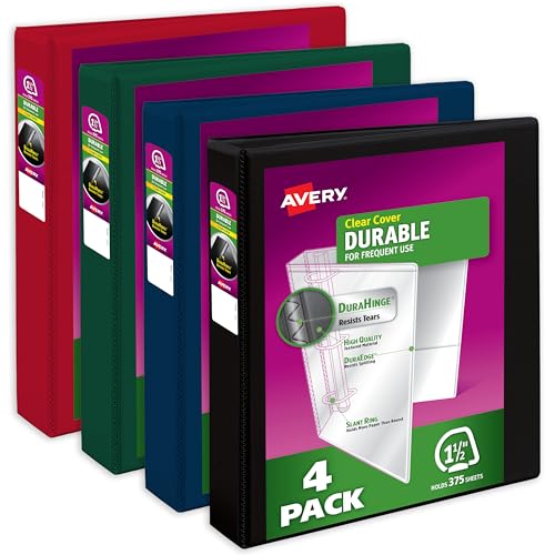 Avery Durable View 05622 Ringbuch, 3,8 cm schräge Ringe, 375 Blatt, DuraScharnier, 5,3 cm breiter Rücken, anpassbare transparente Einband und Rücken, dunkle Farben, 4 Stück von Avery