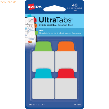 Avery Haftstreifen UltraTabs 25,4x38,1 mm grün, blau, rot, orange VE=4 von Avery