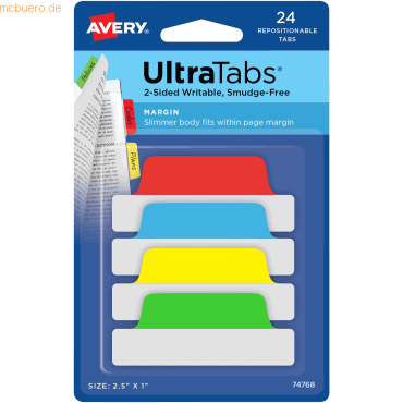 Avery Haftstreifen UltraTabs 63,5x25,4 mm grün, balu, rot, gelb VE=24 von Avery