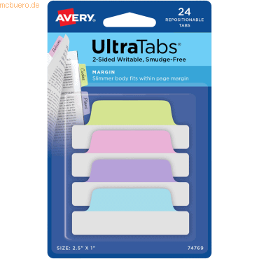Avery Haftstreifen UltraTabs 63,5x25,4 mm pastellfarben VE=24 Stück von Avery