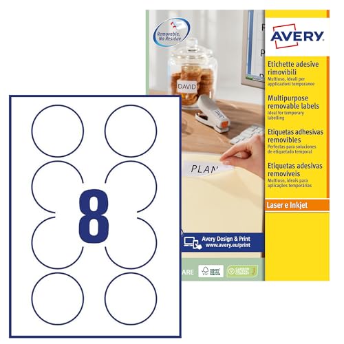 Avery L4852REV Selbstklebende runde Etiketten, alle Drucker, 8 Etiketten pro A4-Bogen, 200 Etiketten, weiß Avery L4852REV Selbstklebende runde Etiketten, alle Drucker, 8 Etiketten pro A4-Bogen, 200 Etiketten, weiß von Avery