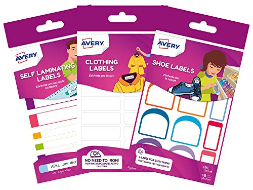 Avery Namensschilder für die Schule, Vorteilspack, 36 x Kleidungs-Etiketten (bügelfrei), 24 x widerstandsfähige Schuhetiketten, 24 x wasserdichte Lunchbox- und Wasserflaschenetiketten, Schulpaket 1 von Avery