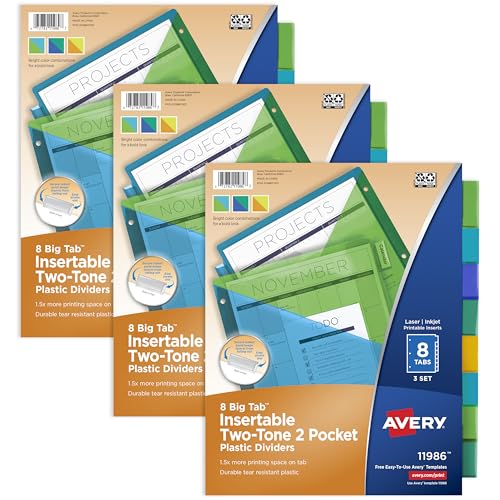 Avery Ringbuch-Trennblätter mit 2 Taschen, zweifarbig, mehrfarbig, 8 Registerkarten, 3 Stück Avery Ringbuch-Trennblätter mit 2 Taschen, zweifarbig, mehrfarbig, 8 Registerkarten, 3 Stück von Avery