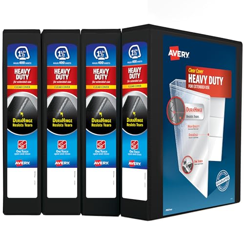 Avery Robustes 3-Ringbuch mit 3 Ringen, 3,8 cm One Touch Slant Ring, fasst 21,6 x 27,9 cm Papier, 4 schwarze Ordner (79870) von Avery