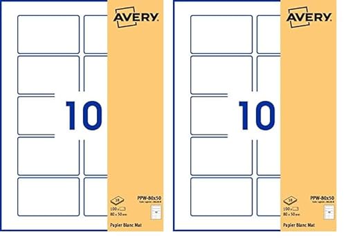 Avery Selbstklebende Etiketten, rechteckig, personalisierbar, 80 x 50 mm, weißes Papier, 100 Stück (Packung mit 2) von Avery