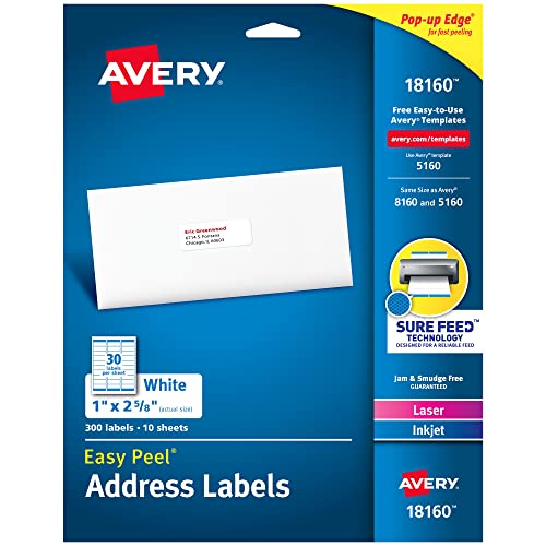 Avery Versandadressetiketten, Laser- & Tintenstrahldrucker, 300 Etiketten, 1 x 2-5/8, permanent klebend (18160), weiß von AVERY