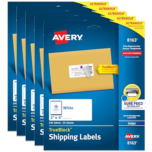 Avery Versandadressetiketten, Tintenstrahldrucker, 1.250 Etiketten, 2x4 Etiketten, permanent klebend, TrueBlock (5er-Pack 8163) von Avery