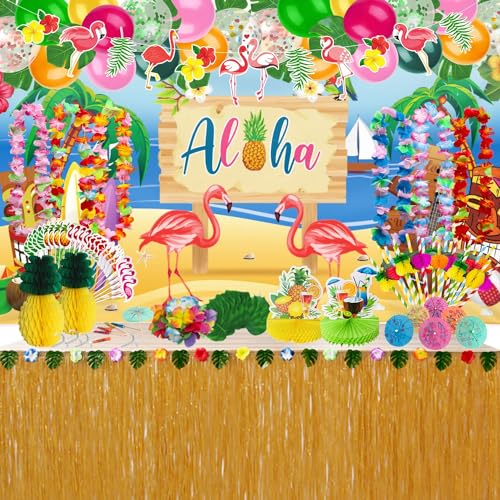 Hawaii Party Dekorationen, tropischer Luau Strand Aloha Sommer Party Supplies, Tischrock, Hintergrund, Ballons, Leis, Strohhalme, Hibiskus Blumen, Palmblätter, Lebensmittel Topper, Ananas, Banner) von Aviski
