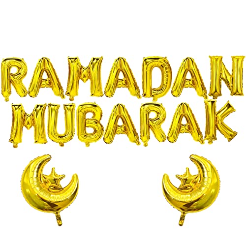 Ramadan Mubarak Folienballons 16inch, 2 Gold Stern Mond Folienballons 22inch, Ramadan Dekorationen 2023 Ramadan Kareem Party Supplies 2023 für Muslim von Aviski