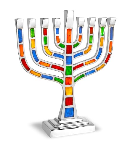 Aviv Judaica Menora mit Schmucksteinen für Chanukah, Israel, Knesset-Stil, Chanukiah mit eingelegten Mosaikfliesen, passend für Standard-Chanukka-Kerzen (mehrfarbig) von Aviv Judaica