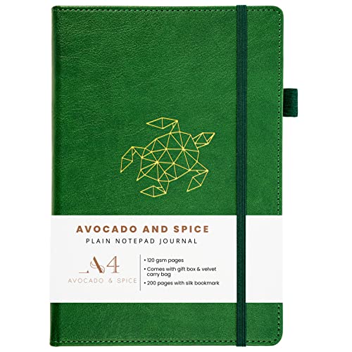 Avocado & Spice Notizbuch A4 Blanko – Zeichenblock A4 als Sketchbook A4, Notizblock usw. – A4 Scrapbook mit Geschenkbox, Samtbeutel, Lesezeichen, elastischem Band & Stifthalter, 200 Seiten, Grün von Avocado & Spice