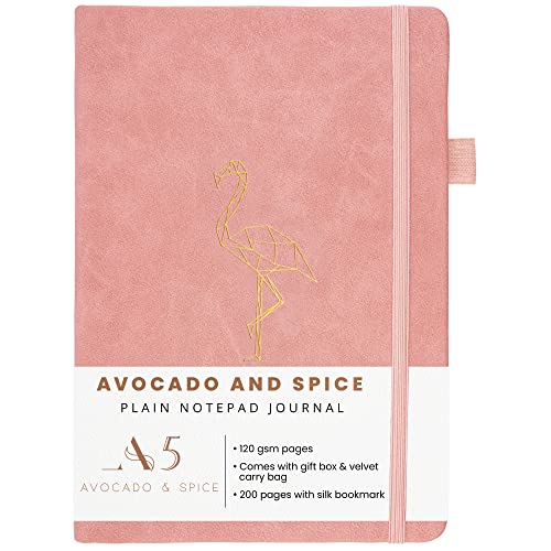 Avocado & Spice Notizbuch A5 Blanko – Zeichenblock A5 als Sketchbook A5, Notizblock usw. – A5 Scrapbook mit Geschenkbox, Samtbeutel, Lesezeichen, elastischem Band & Stifthalter, 200 Seiten, Rosa von Avocado & Spice