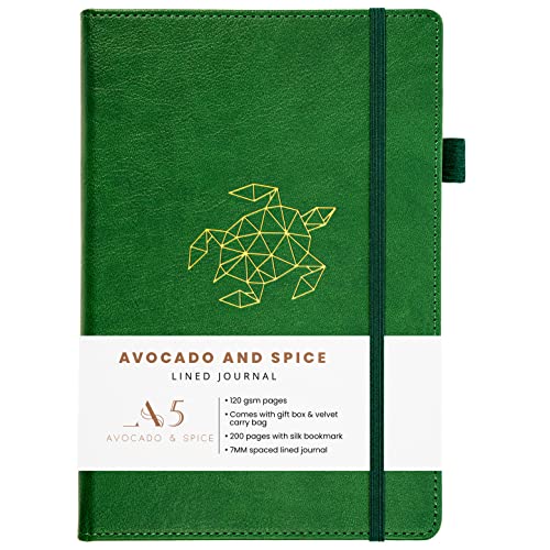 Avocado & Spice A5 Notizbuch Liniert, als Reise-Tagebuch, Notizblock, Journal, A5 Hardcover Tagesplaner mit Geschenkbox & Samtbeutel - mit Lesezeichen, elastischem Band, Stifthalter, 200 Seiten Grün von Avocado & Spice