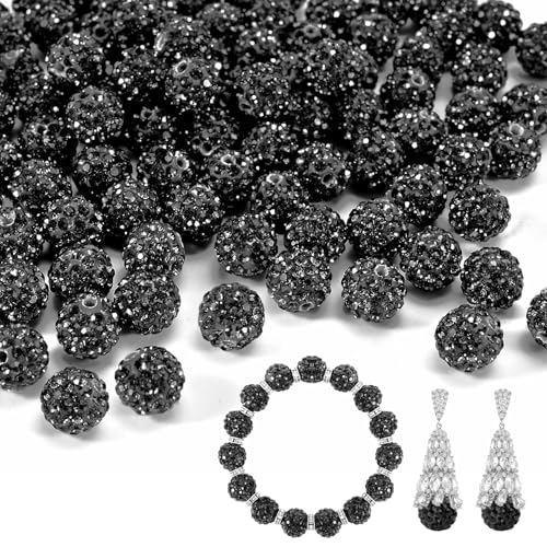 55 Stück 10 mm Strassperlen zur Schmuckherstellung, voller Diamanten, runde Disco-Perlen, Tonperlen zum Basteln, Strass-Ton-Perlen für DIY-Baseball-Halskette, Armband (schwarz, 10 mm/55 Stück) von Awaydol