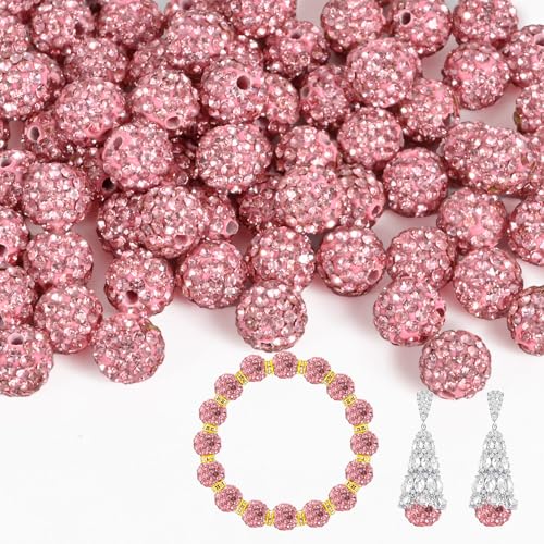 55 Stück 10 mm Strassperlen zur Schmuckherstellung, voller Diamanten, runde Disco-Perlen, Tonperlen zum Basteln, Strass-Ton-Perlen für DIY-Baseball-Halsketten, Armbänder (Rosa, 10 mm/55 Stück) von Awaydol