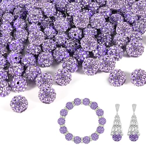 55 Stück 10 mm Strassperlen zur Schmuckherstellung, voller Diamanten, runde Disco-Perlen, Tonperlen zum Basteln, Strass-Ton-Perlen für DIY-Baseball-Halsketten, Armbänder (lila, 10 mm/55 Stück) von Awaydol