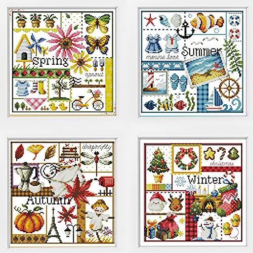 4 Packung Awesocrafts Kreuzstich-Set, Vier Jahreszeiten: Frühling, Sommer, Herbst und Winter, einfache Muster, Kreuzstich-Stickset, Vorrät, gestempelt oder gezählt (vier Jahreszeiten，Zählmuster) von Awesocrafts