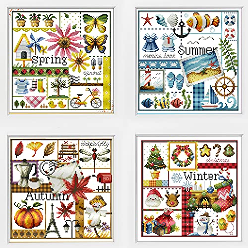 4 Packung Awesocrafts Kreuzstich-Set, Vier Jahreszeiten: Frühling, Sommer, Herbst und Winter, einfache Muster, Kreuzstich-Stickset, Vorrät, gezählt (vier Jahreszeiten，Zählmuster) von Awesocrafts