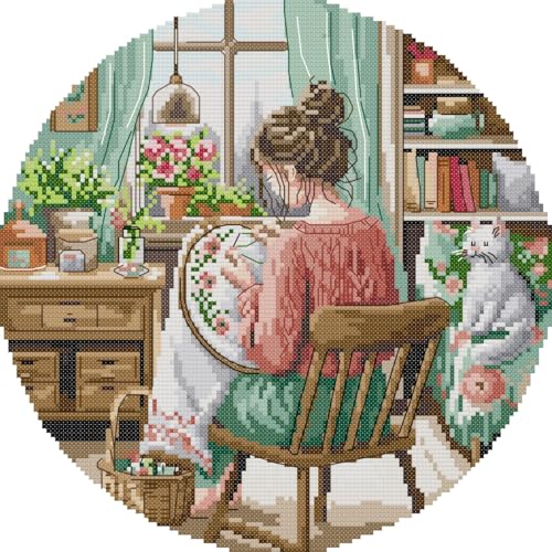 Awesocrafts Kreuzstich-Set, Motiv: Frau, Stickerei, Katze, Blume, einfache Muster, Kreuzstich, Stickerei, Handarbeitsset, Zubehör von Awesocrafts