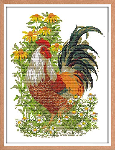 Awesocrafts Kreuzstich-Set, Motiv: Hahn, Blumen, tolle Muster, Kreuzstich-Stickerei-Set, Weihnachtsgeschenke, geprägt oder gezählt (ooster, gezählt) von Awesocrafts