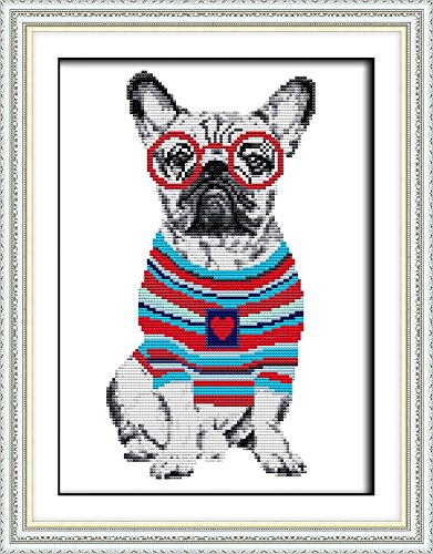 Awesocrafts Kreuzstich Stickpackungen, Französische Bulldogge Hunde Tiere Brille Bilder Vorlagen Stickerei Set Vorgedruckt oder Zählmuster von Awesocrafts