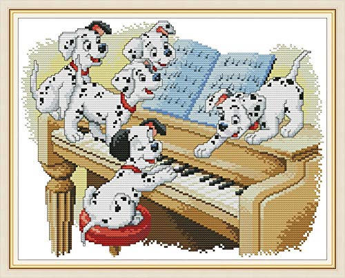 Awesocrafts Kreuzstich Stickpackungen, Fünf Dalmatiner spielen die Klavier Hunde Bilder Vorlagen Stickerei Set Vorgedruckt oder Zählmuster von Awesocrafts