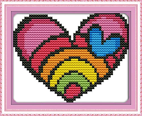 Awesocrafts Kreuzstich Stickpackungen, Regenbogen Herz Bilder Vorlagen Stickerei Set Vorgedruckt oder Zählmuster von Awesocrafts