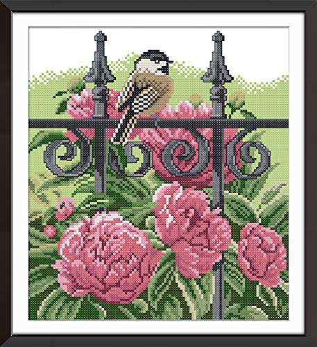 Awesocrafts Kreuzstich Stickpackungen, Vogel auf den Zaun Blumen Bilder Vorlagen Stickerei Set Vorgedruckt oder Zählmuster von Awesocrafts