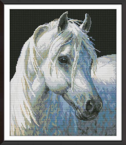 Awesocrafts Kreuzstich Stickpackungen, Weiße Pferd Tiere Bilder Vorlagen Stickerei Set Vorgedruckt oder Zählmuster (Pferd, Vorgedruckt) von Awesocrafts