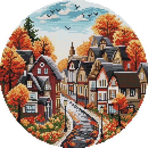 Awesocrafts Kreuzstich Stickpackungen Vorgedruckt Herbststraßen Bilder Vorlagen Sticken Set Vorgedruckt 11CT 3 Stränge von Awesocrafts