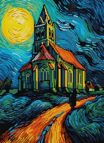 Awesocrafts Kreuzstich Stickpackungen Vorgedruckt Kirchen im Van Gogh-Stil Bilder Vorlagen Sticken Set Vorgedruckt 14CT 2 Stränge von Awesocrafts