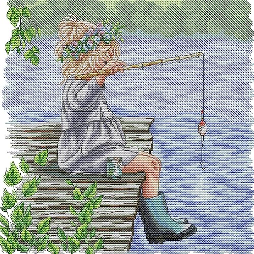 Awesocrafts Kreuzstich Stickpackungen Vorgedruckt Kleines Mädchen beim Angeln Bilder Vorlagen Sticken Set Vorgedruckt 11CT 3 Stränge von Awesocrafts