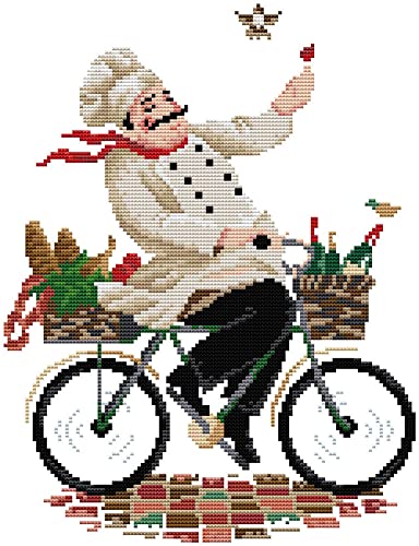 Awesocrafts Kreuzstich Stickpackungen Vorgedruckt Koch auf Fahrrad Bilder Vorlagen Sticken Set Vorgedruckt 11CT 3 Stränge von Awesocrafts