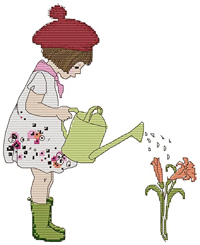 Awesocrafts Kreuzstich Stickpackungen Vorgedruckt Mädchen das Blumen wässert Bilder Vorlagen Sticken Set Vorgedruckt 11CT 3 Stränge von Awesocrafts