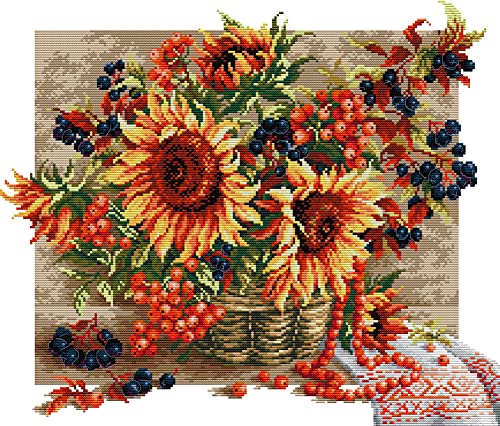 Awesocrafts Kreuzstich Stickpackungen Vorgedruckt Sonnenblumen-Beeren-Korb Bilder Vorlagen Sticken Set Vorgedruckt 14CT 2 Stränge von Awesocrafts