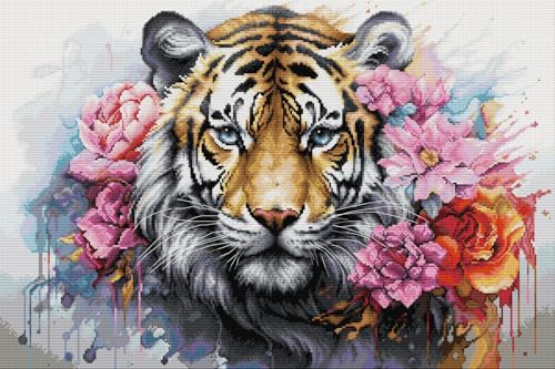 Awesocrafts Kreuzstich Stickpackungen Vorgedruckt Tiger Tiere Bilder Vorlagen Sticken Set Vorgedruckt 14CT 2 Stränge von Awesocrafts