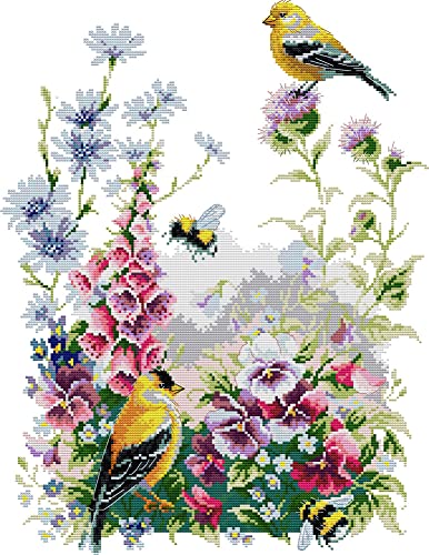 Awesocrafts Kreuzstich Stickpackungen Vorgedruckt Vogel und Blumen Bilder Vorlagen Sticken Set Vorgedruckt 14CT 2 Stränge von Awesocrafts