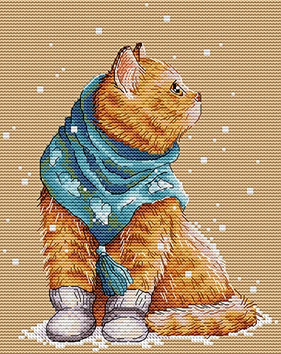 Awesocrafts Kreuzstich Stickpackungen Vorgedruckt Winter Katze Bilder Vorlagen Sticken Set Vorgedruckt 11CT 3 Stränge von Awesocrafts