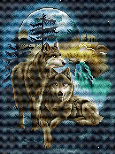 Awesocrafts Kreuzstich Stickpackungen Vorgedruckt Wolf Mond Wölfe Bilder Vorlagen Sticken Set Vorgedruckt 11CT 3 Stränge von Awesocrafts