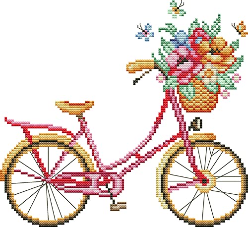 Awesocrafts Kreuzstich Stickpackungen Vorgedruckt romantisches Fahrrad Sommer Bilder Vorlagen Sticken Set Vorgedruckt 11CT 3 Stränge von Awesocrafts