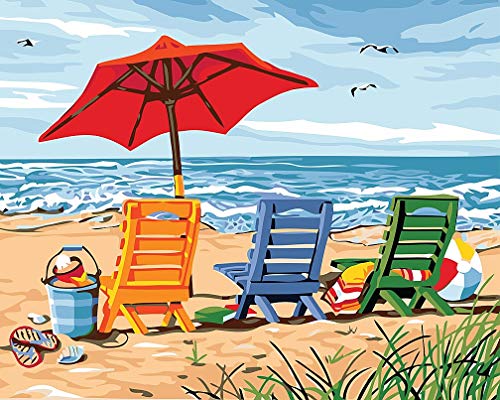 Awesocrafts Malen nach Zahlen 3 Stühle auf Strand, Regenschirm Möwe Ozean 40x50cm DIY Ölgemälde für Erwachsene Kinder ohne Rahmen von Awesocrafts