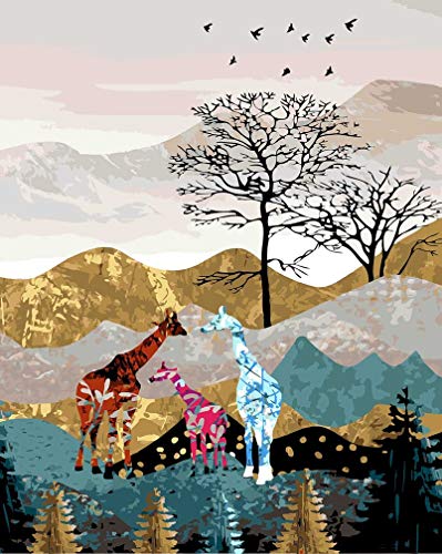 Awesocrafts Malen nach Zahlen-Set, Giraffenfamilie, Berge, Bäume, moderne Kunst, Malen für Erwachsene und Kinder, 40,6 x 50,8 cm, gerahmt oder nicht (Giraffe, gerahmt) von Awesocrafts